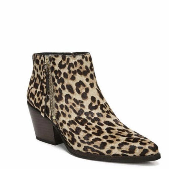Sam Edelman Walden Ankle Boots Leopard Sand Side Zip Brahma Hair Block Heel - Picture 1 of 9